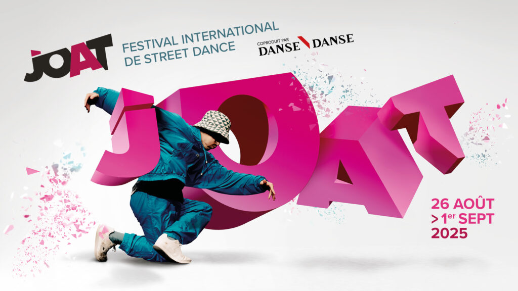 Une image d'un homme qui fait un mouvement de danse avec des lettres autour de lui écrit JOAT, cela promu un évènement de danse qui va ce produire à Montréal du 26 août au 1er septembre 2025.